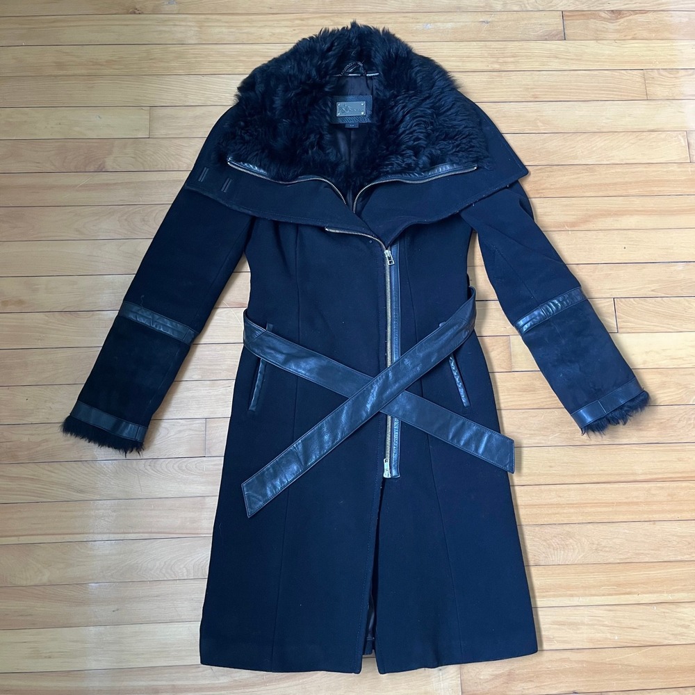 Mackage Black Wool Shearling Leather Trim Asymmetrical Zip Belted Coat Small